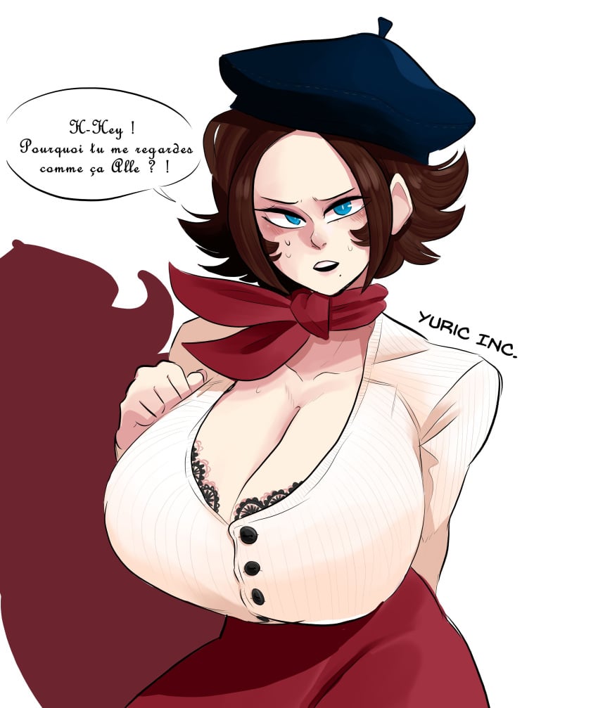 1girls artist_request big_breasts blue_eyes breasts brown_hair country_inc_(yuric_inc) countryhumans countryhumans_girl dialogue france_(countryhumans) france_(yuric_inc) french_text germany_(countryhumans) germany_(yuric_inc) gigantic_breasts huge_breasts large_breasts massive_breasts oc solo text translation_check yuric_inc