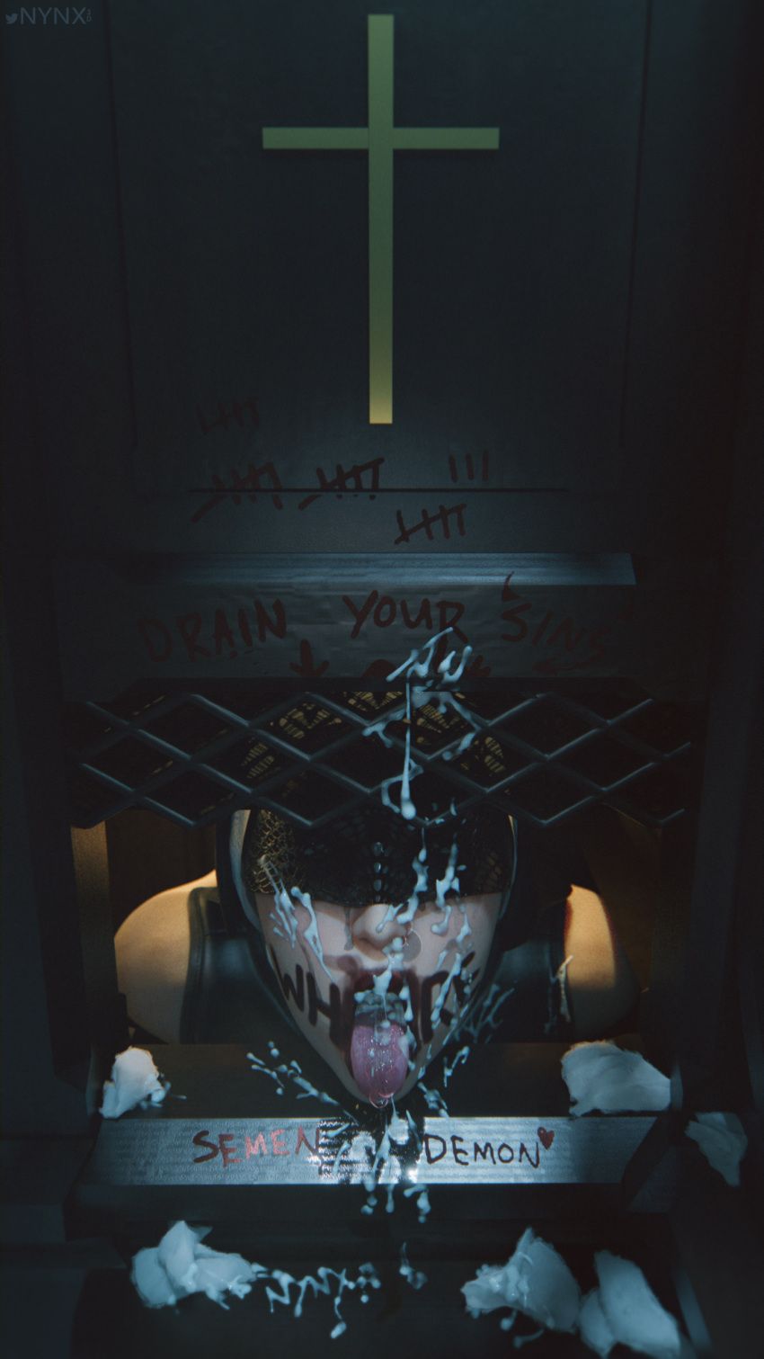 3d arms_behind_back battle_nun blindfold bukkake church confession_booth corruption cum_in_mouth cum_on_face drooling femsub free_use glory_hole inviting nun nynx open_mouth used_tissue