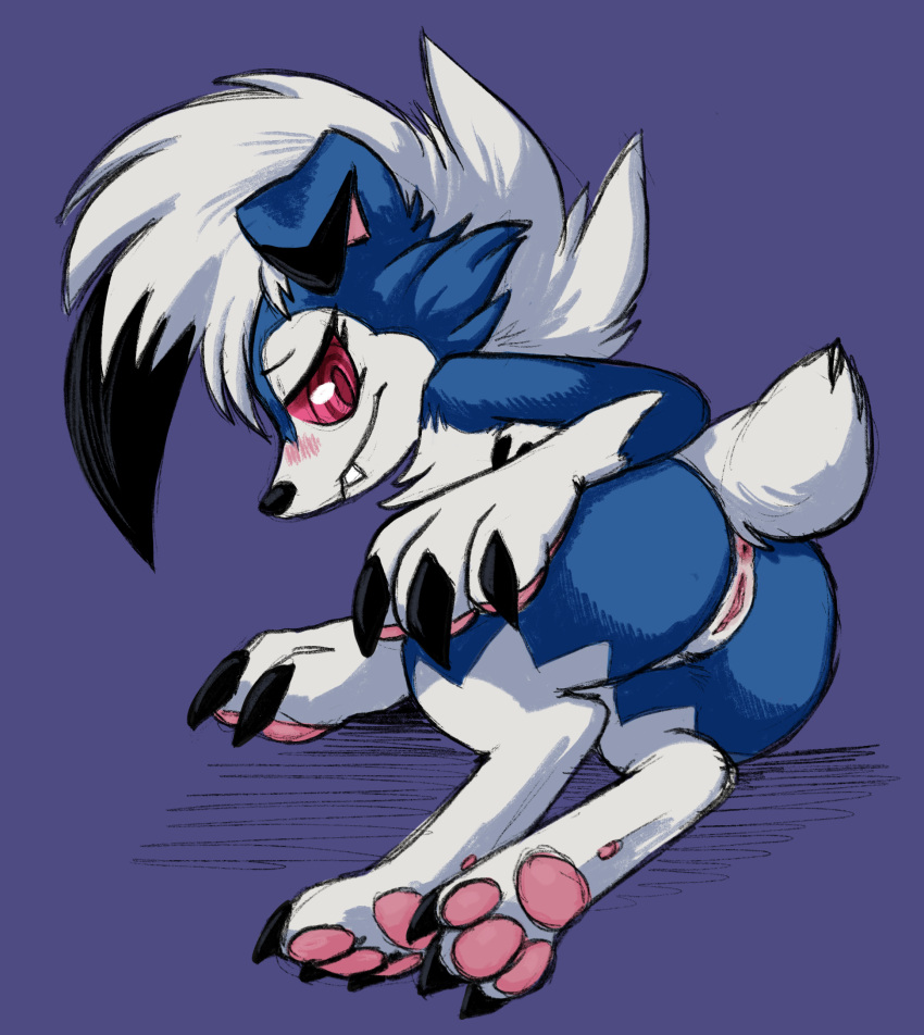 anthro anus ass blue_body blush female genitals hi_res looking_at_viewer lycanroc midnight_lycanroc nintendo pawpads paws pokémon_(species) pokemon presenting presenting_hindquarters pussy raised_tail red_eyes solo thera traditional_media_(artwork) video_games