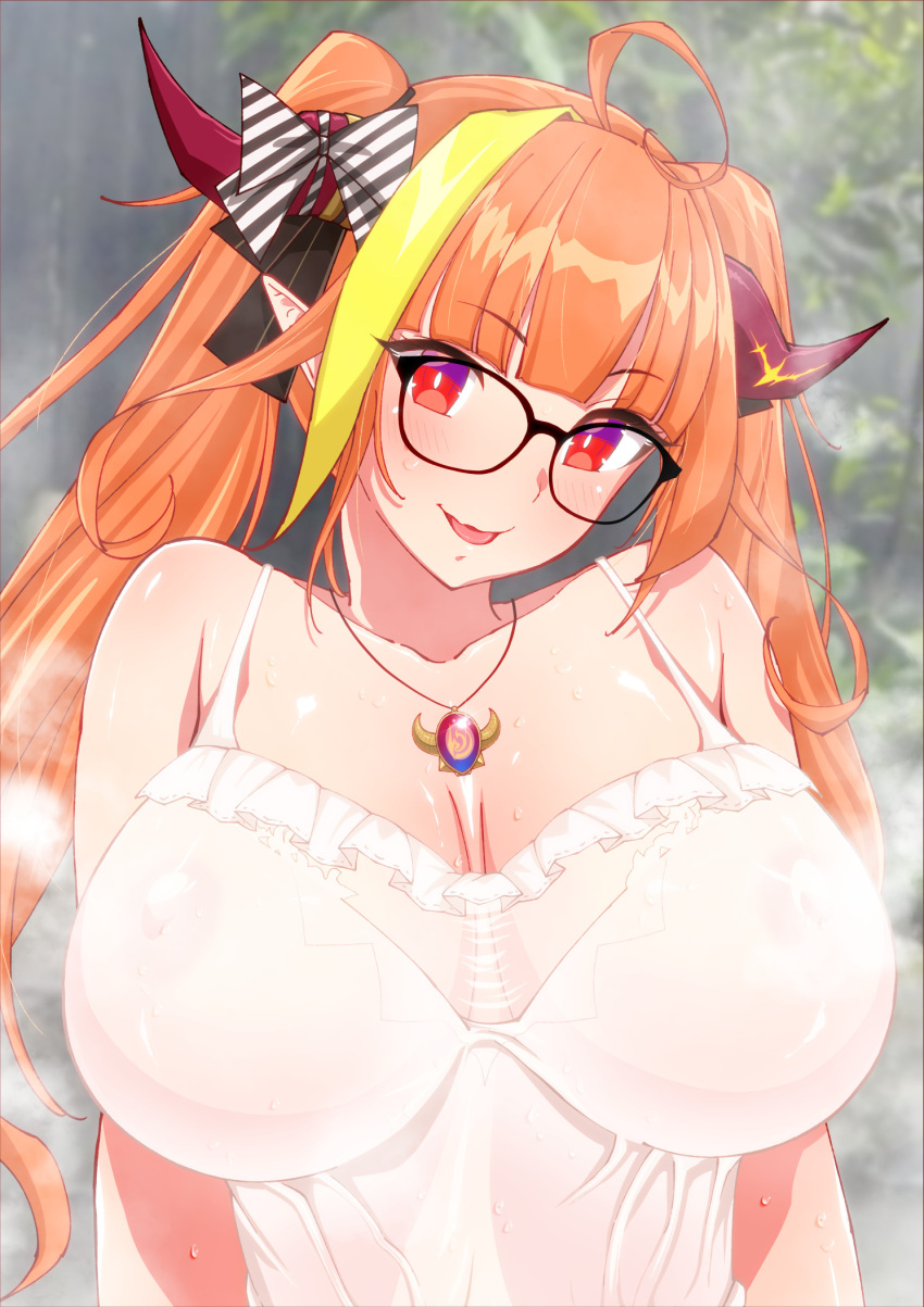 ahoge blush breasts dragon glasses gradient_eyes hair_ornament hokke_(fryinghokke) holoforce hololive hololive_japan horns huge_breasts jewelry kiryu_coco long_hair multicolored_hair nipples nipples_visible_through_clothing orange_eyes orange_hair purple_eyes see-through smile sweat tongue tongue_out twintails two-tone_hair virtual_youtuber yellow_hair