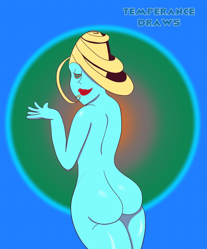 1girls ass beauty_(ghost_trick) blonde_hair blue_skin cyan_body ghost_trick hair_covering_eye hypnosis lipstick looking_at_viewer looking_back mind_control nude pinup red_lips temperancedraws