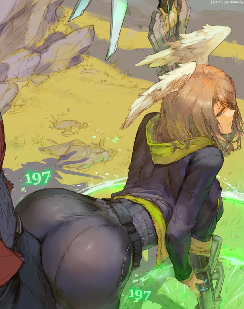 1boy 1girls 2022 absurd_res artist_signature ass ass_focus ass_shot bending_over bent_over black_clothing blonde_hair blue_eyes bodysuit bodysuit_and_jacket bodysuit_under_clothes breasts buttjob clothed cutesexyrobutts detailed_background dry_humping erection erection_under_clothes eunie_(xenoblade) female grinding head_wings hips hoodie huge_ass huge_breasts jacket male medium_hair naughty_face nintendo noah_(xenoblade) outdoors slim_waist smile teasing thick_thighs thighs tight_clothing tight_fit wide_hips xenoblade_(series) xenoblade_chronicles_3