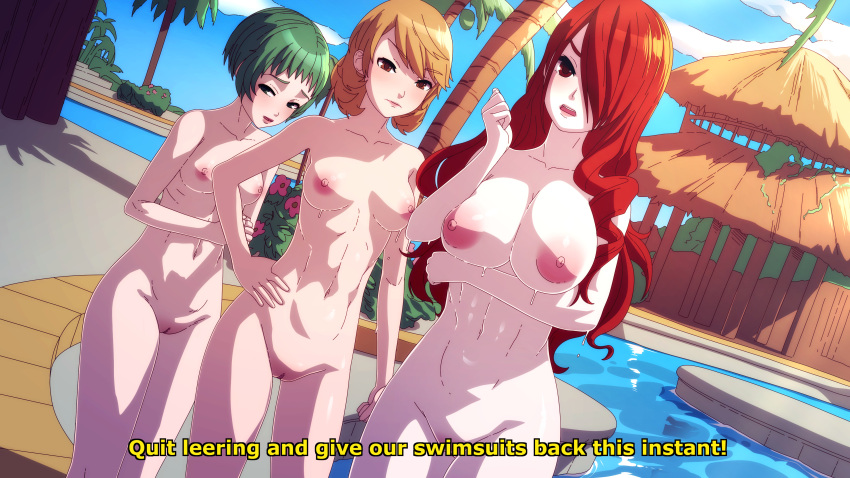 3girls absurdres arm_under_breasts blsh breasts brown_hair cleavage cloud completely_nude day english_commentary english_text fake_screenshot female fuuka_yamagishi green_eyes green_hair groin hair_over_one_eye hand_on_hip highres large_breasts lips lipstick long_hair looking_at_viewer makeup medium_breasts mitsuru_kirijo multiple_girls navel nipples nude nude_female outdoors parted_lips persona persona_3 pink_lips poolside pussy red_eyes red_hair short_hair sky small_breasts teeth thigh_gap uncensored upper_teeth water yamagishi_fuuka yukari_takeba