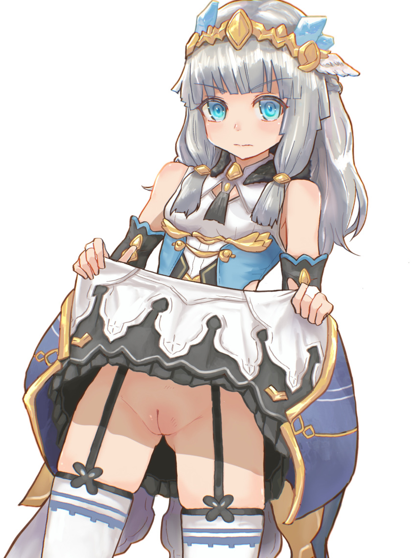 absurdres ass_visible_through_thighs bangs bare_shoulders beatrice_(rune_factory) black_garter_straps blue_eyes breasts bridal_gauntlets cleft_of_venus clothes_lift cowboy_shot detached_sleeves dress dress_lift female garter_straps grey_hair highres long_hair looking_at_viewer no_panties pasheri pussy rune_factory rune_factory_5 small_breasts solo thighhighs upskirt white_thighhighs