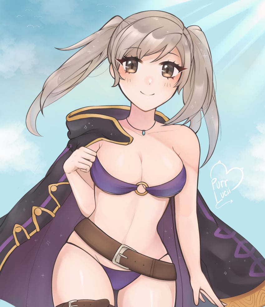 alternate_costume bandeau belt bikini black_cape blue_sky breasts brown_belt cape cleavage cloud cowboy_shot day female female_only fire_emblem fire_emblem_awakening fire_emblem_heroes grey_eyes grey_hair highres jewelry long_hair looking_at_viewer medium_breasts necklace nintendo official_alternate_costume purple_bikini purple_swimsuit purrlucii robin_(female)_(fire_emblem) robin_(female)_(summer)_(fire_emblem) robin_(fire_emblem) robin_(fire_emblem)_(female) single_bare_shoulder sky solo standing stomach strapless strapless_bikini swimsuit thighs twintails