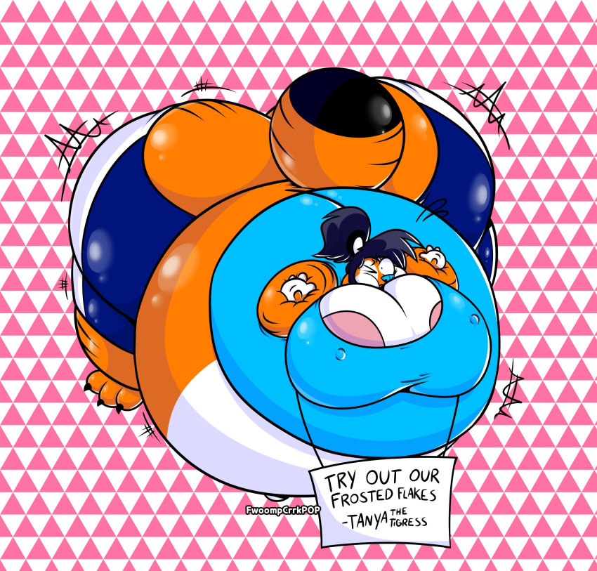 1girls advertisement air_inflation blimp english_text fat female female_only floating frosted_flakes fwoompcrrkpop inflation ponytail rule_63 solo sunken_head sunken_limbs text tiger tight_clothes tony_the_tiger