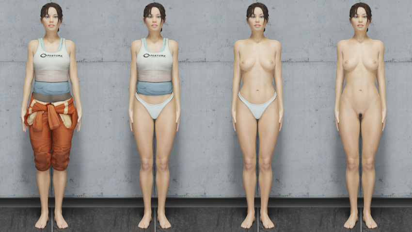 3d bikini_bottom casual chell clothing completely_naked completely_naked_female completely_nude completely_nude_female dressed_undressed female female_only hq696969 human lineup on_off pale_skin panties portal_(series) portal_2 sequence topless_female