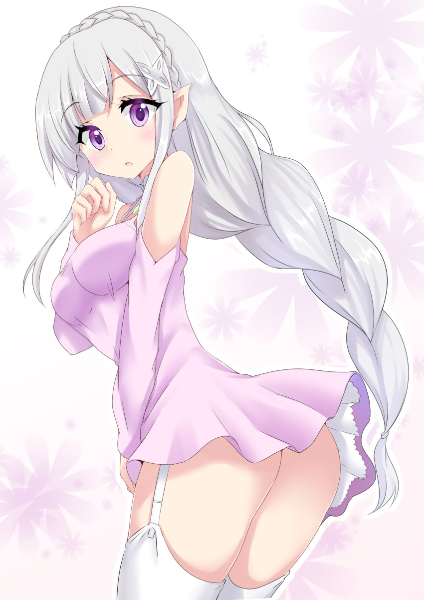 10s 1girls 2016 :o ass big_ass blush braid braided_ponytail breasts crown_braid dress elf emilia_(re:zero) female garter_straps gem hair_ornament hairclip hi_res hips large_breasts lingerie long_hair looking_at_viewer looking_back minato_yoshihiro no_panties pointy_ears ponytail purple_dress purple_eyes re:zero_kara_hajimeru_isekai_seikatsu shiny shiny_skin silver_hair solo teenage_girl teenager thick_thighs thighhighs thighs tied_hair underwear white_legwear white_thighhighs wide_hips