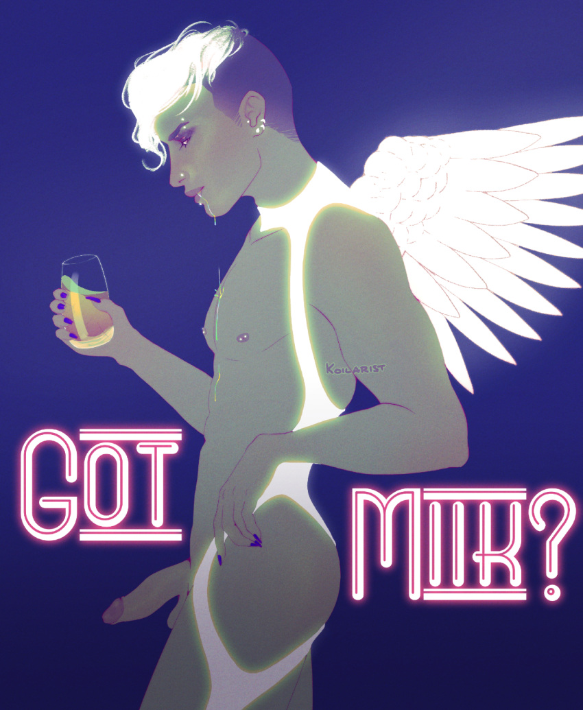 1boy angel angel_wings drink drinking eyeshadow glowing got_milk half-erect koilarist looking_at_viewer male male_only original original_character penis pinup purple_nails side_view simple_background solo solo_male white_hair wings