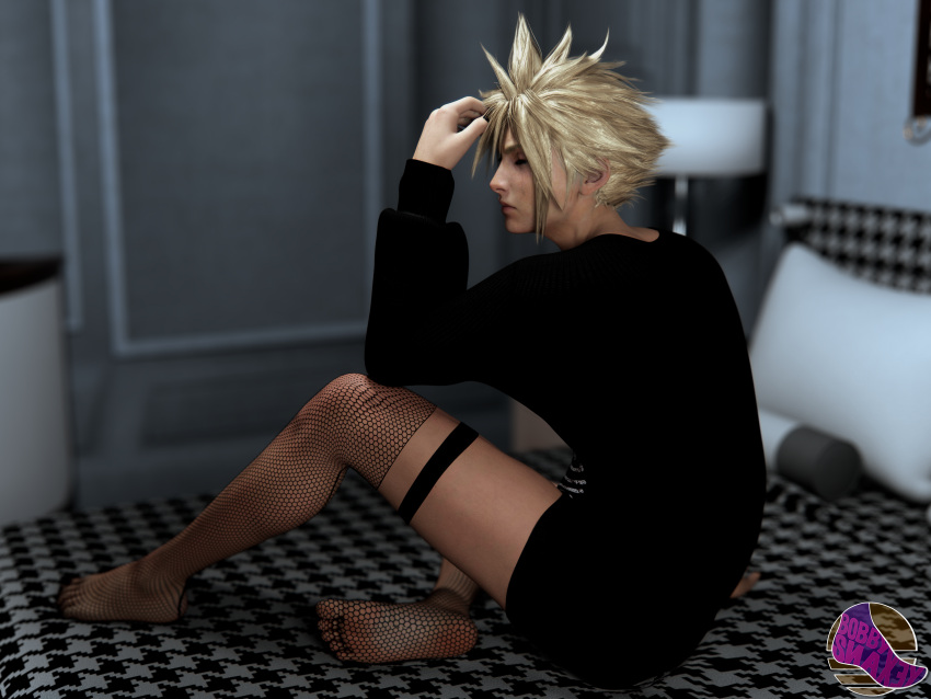 1boy 3d 3d_(artwork) blender blender_(software) bobbysnaxey closed_eyes clothed cloud_strife crossdressing crying feet femboy final_fantasy final_fantasy_vii final_fantasy_vii_remake fishnet_stockings fishnets gay girly light-skinned_femboy light-skinned_male light_skin male male_only pinup sad solo stockings trap twink yaoi