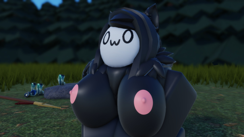 3d black_body black_hair breasts exposed_breasts female furry mask neko nonalterna owo roblox robloxian tagme