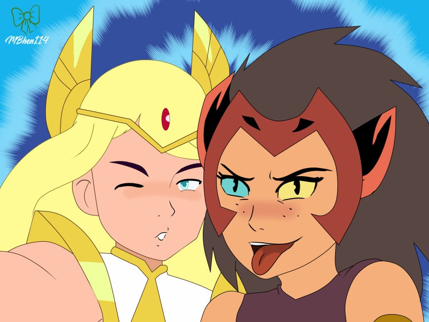 2020 2020s 2girls adora after_sex artist_name blonde_female blonde_hair blue_eyes brown_hair canon_couple cat_ears catgirl catra female female_focus female_only freckles heterochromia hi_res long_hair mbhen114 one_eye_closed pauldrons platinum_blonde_hair she-ra she-ra_and_the_princesses_of_power straight_hair tiara tongue tongue_out watermark yellow_eyes yuri