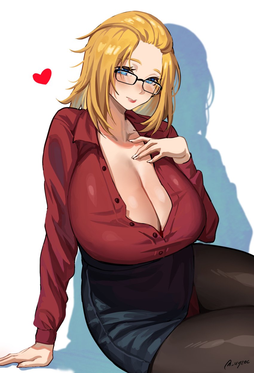 1girls artist_name artist_signature bangs_pinned_back black-framed_eyewear black-framed_glasses black_frame_glasses black_pantyhose blonde_eyebrows blonde_female blouse blush blushing_at_viewer borrowed_character breasts brown_pantyhose bursting_breasts cleavage collarbone collared_shirt curvaceous enormous_breasts eye_contact eyelashes eyeliner female female_only framed_eyewear glasses heart hi_res high_resolution highres huge_breasts inne_sulistya_robin lingerie lipstick long_hair looking_at_viewer makeup massive_breasts original panties panties_under_pantyhose pantyhose pantyshot pantyshot_(sitting) partially_unbuttoned pencil_skirt plain_background plunging_neckline red_heart red_lips red_lipstick red_panties red_shirt seductive seductive_eyes seductive_look shirt short_hair simple_background sitting skirt solo solo_female thick_thighs unbuttoned unbuttoned_shirt underwear uyzoc voluptuous voluptuous_female white_background yokozuwari