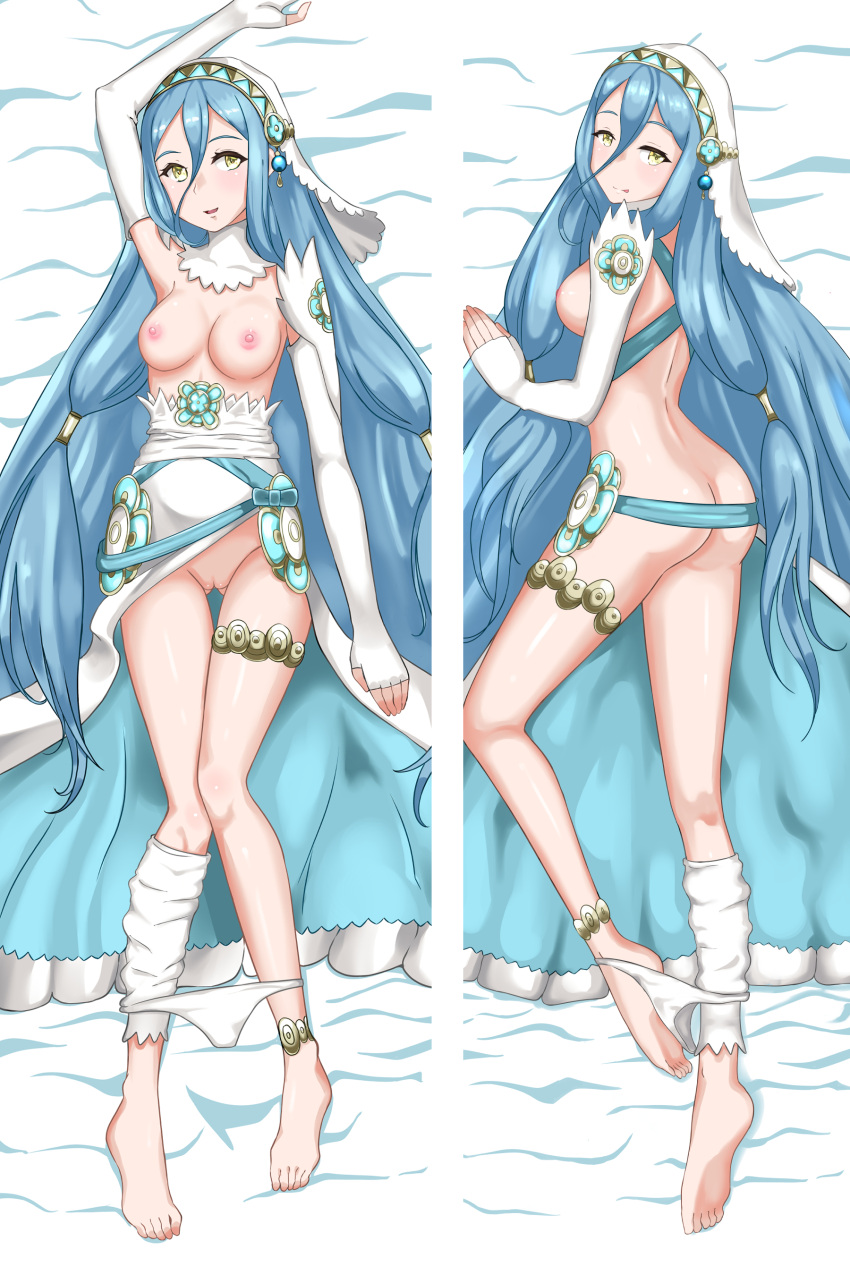 1girls ass ass_visible_through_thighs azura_(fire_emblem) back bare_back bare_legs barefoot blue_hair breasts completely_nude dakimakura dakimakura_design female female_only fire_emblem fire_emblem_fates legs light_blue_hair long_hair looking_at_viewer medium_breasts nintendo nude nude_female on_back pussy smile solo very_long_hair yellow_eyes yon_senpai