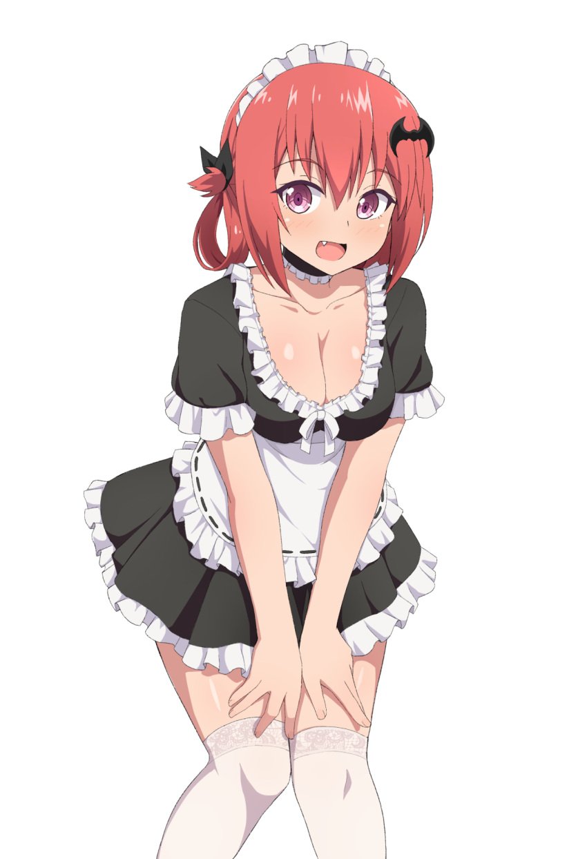 alternate_costume bat_hair_ornament breasts choker cleavage commentary enmaided female frills gabriel_dropout hair_ornament hair_rings highres kurumizawa_satanichia_mcdowell maid maid_headdress nyaroon oerba_yun_fang onidere pink_eyes red_hair satanichia_kurumizawa_mcdowell solo thighhighs white_background white_thighhighs