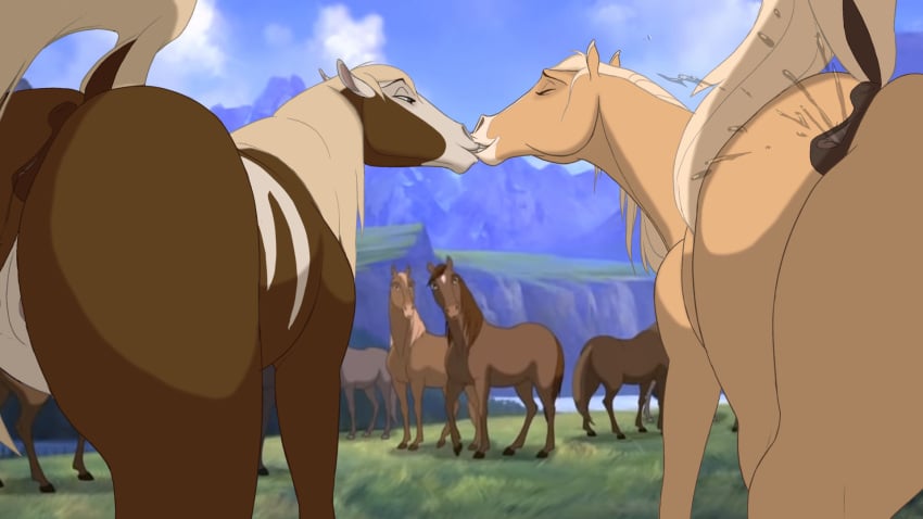 2022 animal_genitalia animal_pussy ass bodily_fluids buzya dreamworks ejaculation equid equine equine_pussy esperanza_(cimarron) female female/female feral feral_on_feral genital_fluids genitals hi_res horse kissing mammal pussy pussy_ejaculation pussy_juice rain_(cimarron) spirit:_stallion_of_the_cimarron yuri