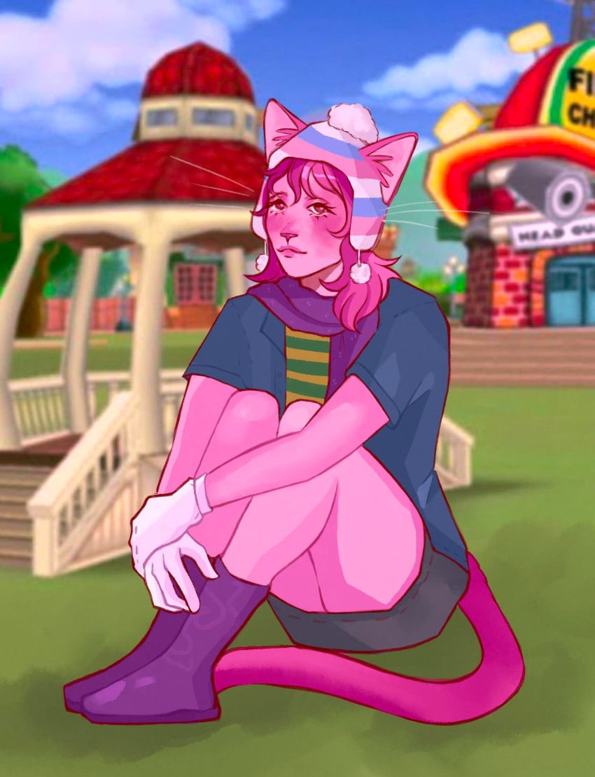 1girls blush blushing_at_viewer cat_ears cat_tail feline fur furry gloves looking_at_viewer oc original_character pink_fur pink_hair pink_shoes purple_scarf scarf shtrawverry_(artist) sitting skirt solo solo_female thick_thighs thighs toontown toontown_cat toontown_online white_gloves winter_hat