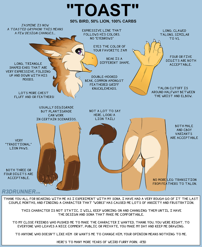 ass avian backsack balls beak english_text felid genitals gryphon hi_res hybrid lion looking_at_viewer looking_back looking_back_at_viewer male mammal model_sheet mythological_avian mythology pantherine paws r3drunner simple_background solo tail talons text watermark