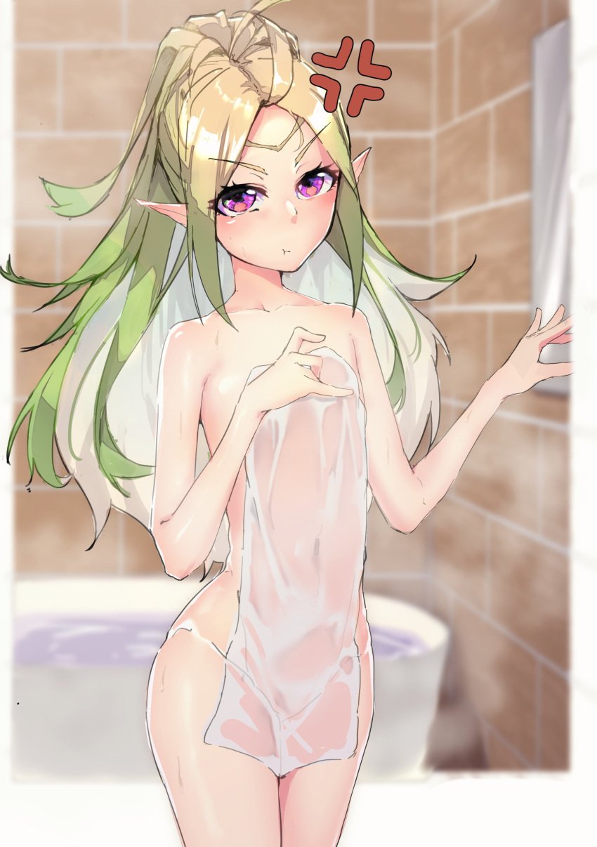 1girls angry bathtub blonde_hair breasts completely_nude covering female female_only fire_emblem fire_emblem_awakening flat_chest green_hair looking_at_viewer naked_towel navel nintendo nowi_(fire_emblem) nude nude_female pointy_ears pout purple_eyes see-through shower small_breasts solo thomas_(aoakumasan) towel