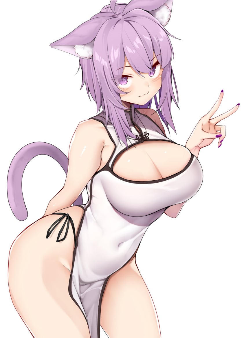 1girls :3 ahoge alternate_breast_size animal_ear_fluff animal_ears bangs bare_shoulders bent_over big_breasts blush breasts cat_ears cat_tail china_dress chinese_clothes chinese_dress cleavage cleavage_cutout closed_mouth clothing_cutout commentary covered_navel dress female head_tilt highres hololive hololive_gamers hololive_japan karatakewari large_breasts leaning_forward looking_at_viewer nail_polish nekomata_okayu no_panties pelvic_curtain purple_eyes purple_hair purple_nails short_hair side_slit sidelocks simple_background sleeveless slit_pupils smile solo solo_female tail v virtual_youtuber white_background white_dress