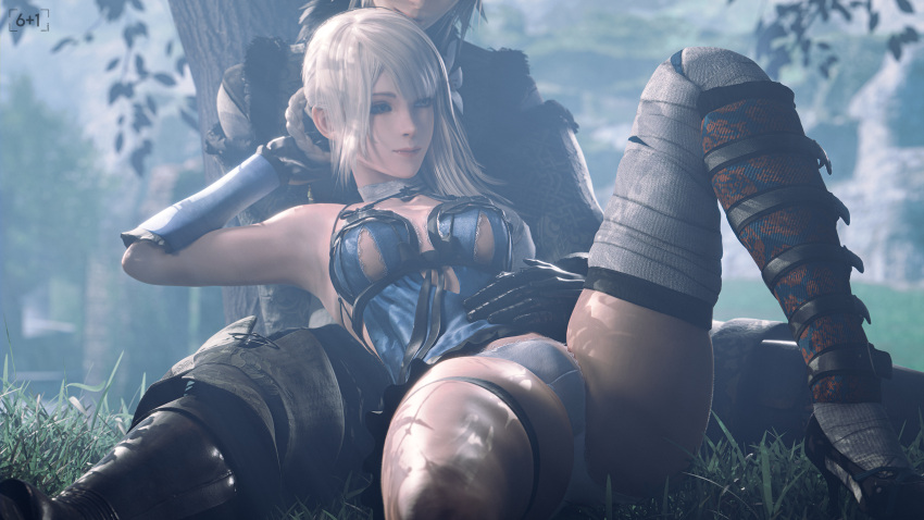 1boy 1futa 3d breasts bulge clothing futanari grass kaine_(nier) light-skinned_futanari light-skinned_male light_skin male nier nier_(character) nier_replicant outdoors panties penis_under_clothes romantic single_thighhigh sitting sixplusone thigh_squish thigh_strap tree underboob white_hair