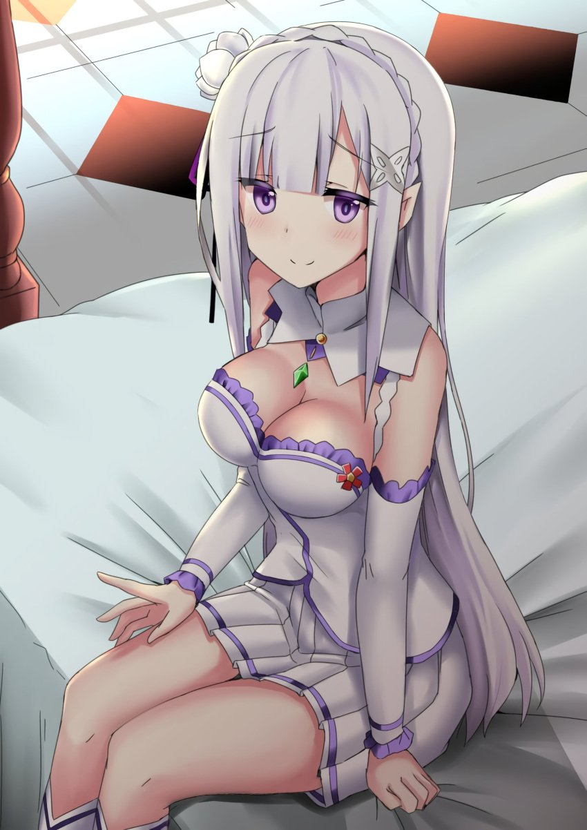 10s 1girls 2017 :) bare_shoulders bare_thighs bed bedroom blush boots braid breasts cleavage clothed elf emilia_(re:zero) feet_out_of_frame female gem grabbing_sheets hair_flower hair_ornament hair_ribbon hairclip hi_res indoors large_breasts light-skinned_female light_skin long_hair looking_to_the_side minato_yoshihiro miniskirt pointy_ears purple_eyes purple_ribbon re:zero_kara_hajimeru_isekai_seikatsu ribbon rose silver_hair sitting sitting_on_bed skirt smile solo teenage_girl teenager thighs