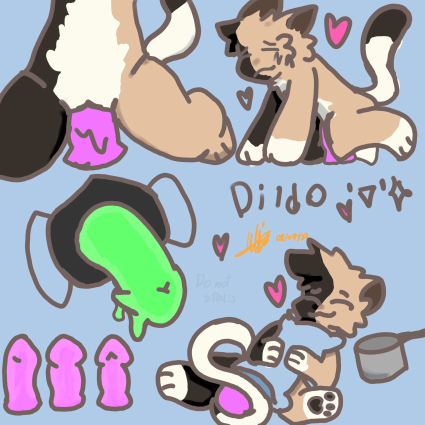 alternate_form anthro dildo dildo_mask dildo_sitting domestic_cat felid feline felis female fur green_dildo heart hi_res mammal milkteabirb mr(milkteabirb) multicolored_body multicolored_fur penetration pink_dildo sex_toy signature simple_background simple_eyes solo text watermark