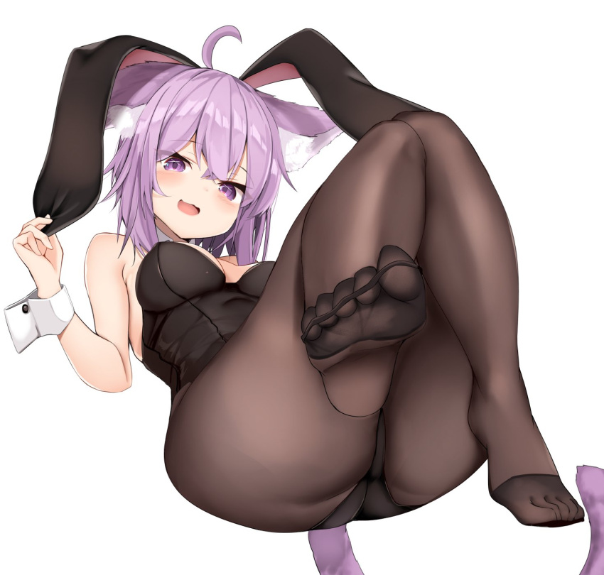 1girls :d ahoge animal_ears bare_shoulders cat_ears cat_girl cat_tail commentary feet female foot_focus highres hololive hololive_gamers hololive_japan karatakewari nekomata_okayu no_shoes open_mouth pantyhose playboy_bunny purple_hair rabbit_ears short_hair simple_background smile solo solo_female tail thick_thighs thighs virtual_youtuber white_background wrist_cuffs