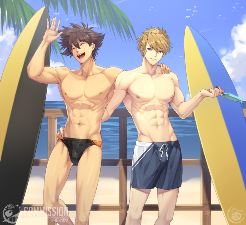 2boys armpits beach blonde_hair brown_hair digimon digimon_adventure digimon_adventure:_last_evolution_kizuna human human_only kurohitsuji_lim male male_only muscles nipples outside six_pack speedo summer swimwear taichi_yagami yamato_ishida