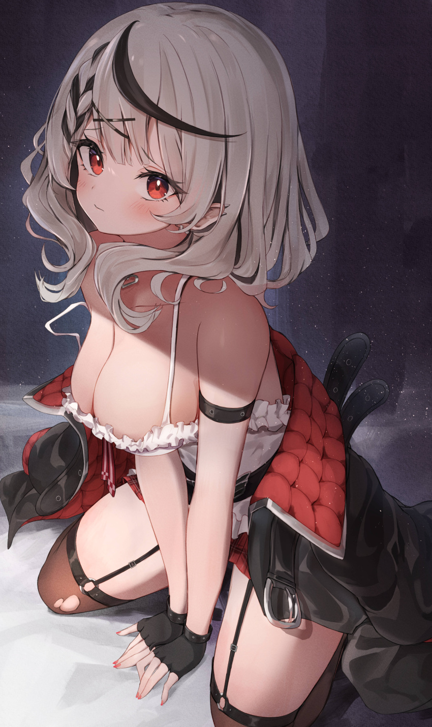 absurdres arm_strap bangs black_gloves black_hair black_jacket blush breasts brown_thighhighs cleavage commentary cute female fingerless_gloves garter_straps gloves hair_ornament higashigure highres hololive hololive_japan holox jacket jacket_removed kneeling large_breasts light_particles looking_at_viewer medium_hair multicolored_hair nail_polish red_eyes red_nails sakamata_chloe shirt silver_hair solo streaked_hair thighhighs torn_clothes torn_legwear v_arms virtual_youtuber white_shirt x_hair_ornament