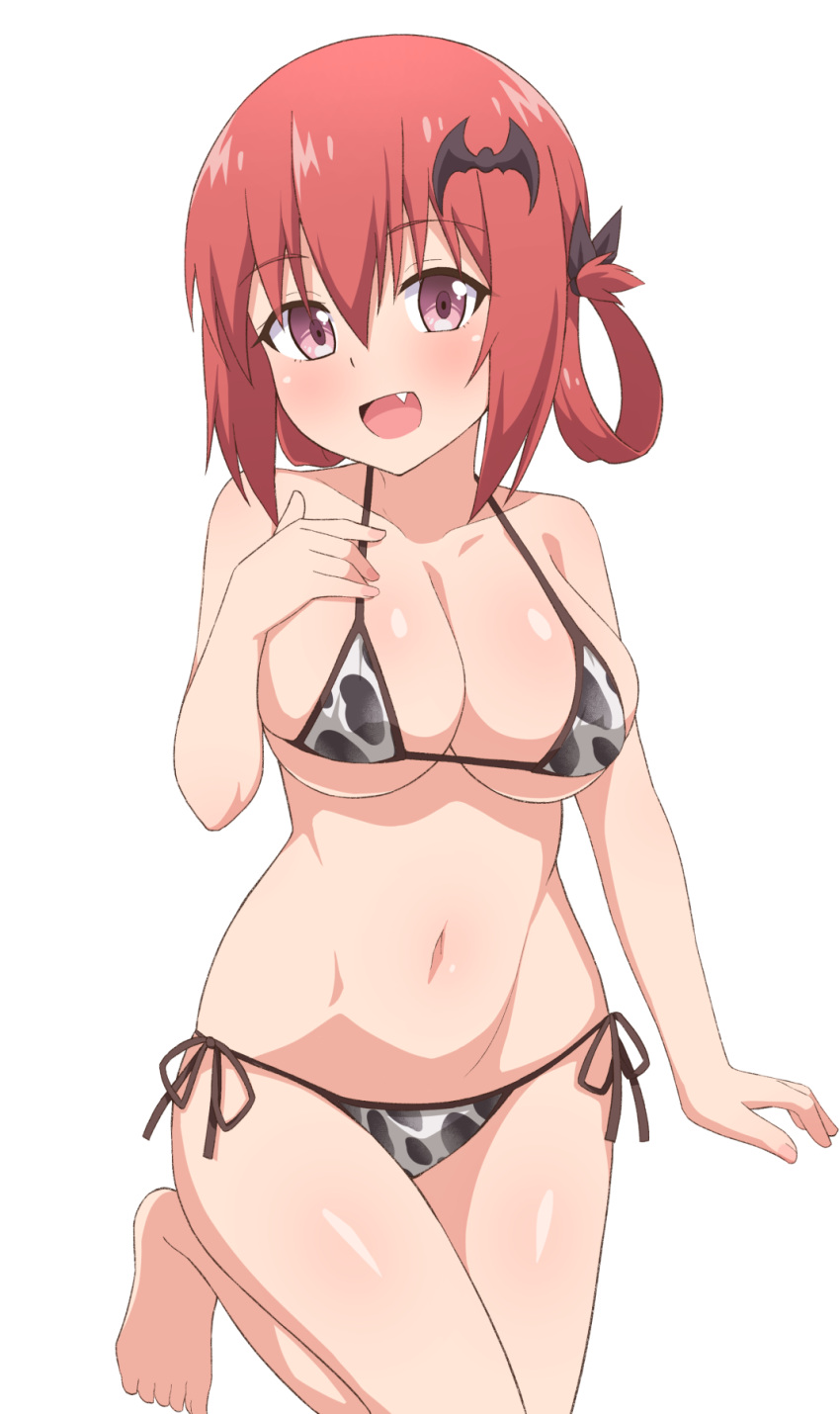 animal_print bangs bare_shoulders barefoot bat_hair_ornament bikini breasts cleavage collarbone cow_print female gabriel_dropout hair_between_eyes hair_ornament hair_rings hand_on_own_chest hand_up highres kurumizawa_satanichia_mcdowell large_breasts looking_at_viewer nyaroon oerba_yun_fang onidere open_mouth pink_eyes red_hair satanichia_kurumizawa_mcdowell shiny shiny_hair shiny_skin side-tie_bikini simple_background solo standing standing_on_one_leg string_bikini swimsuit thighs underboob white_background