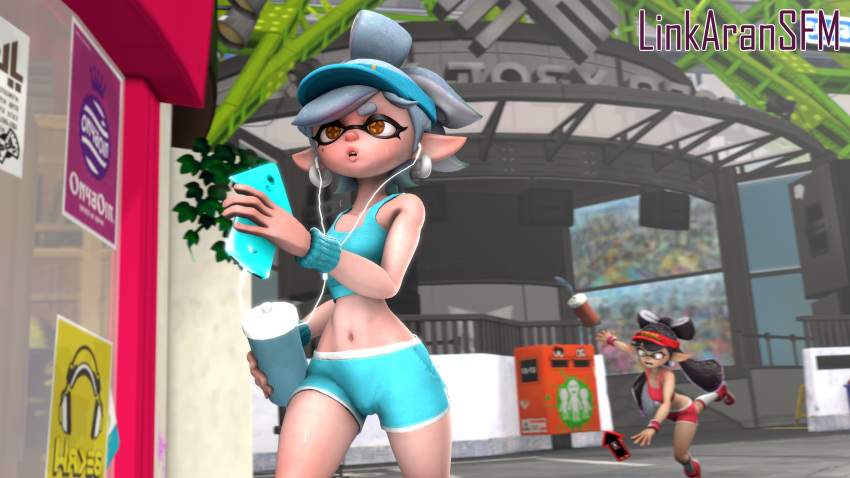 2girls 3d black_hair callie_(splatoon) city earbuds falling female female_only gray_hair highres inkling linkaransfm marie_(splatoon) marie_(wo262) midriff nintendo nsfwo nsfwo262 phone source_filmmaker splatoon squid_sisters sweat tank_top visor_cap water water_bottle workout_clothes yellow_eyes