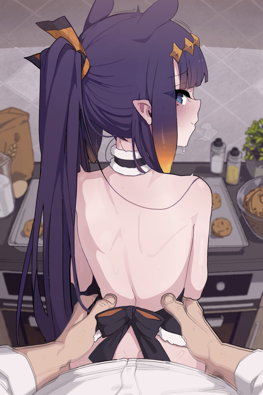 1boy back bare_back bare_shoulders black_hair blue_eyes choker closed_mouth cookie female food gradient_hair highres hololive hololive_english hololive_myth kakure_eria kitchen long_hair looking_at_viewer mole mole_under_eye motion_lines multicolored_hair ninomae_ina'nis orange_hair pointy_ears sex smile solo_focus straight sweat tentacle_hair torso_grab virtual_youtuber