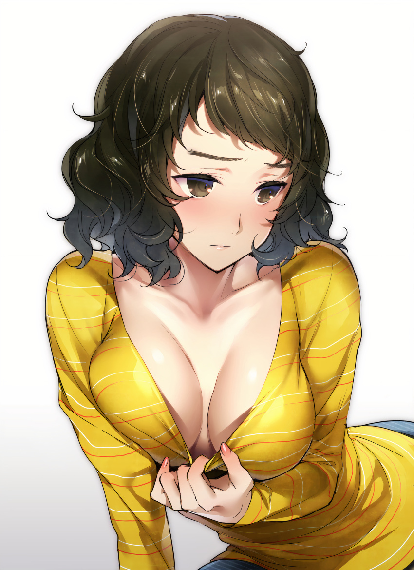 black_hair blush breasts brown_eyes cleavage cleavage_pull clothes_pull eyebrows female gradient gradient_background high_resolution highres hizuki_akira long_sleeves looking_away messy_hair no_bra persona persona_5 pulled_by_self sadayo_kawakami shirt shirt_pull short_hair solo striped striped_shirt teasing