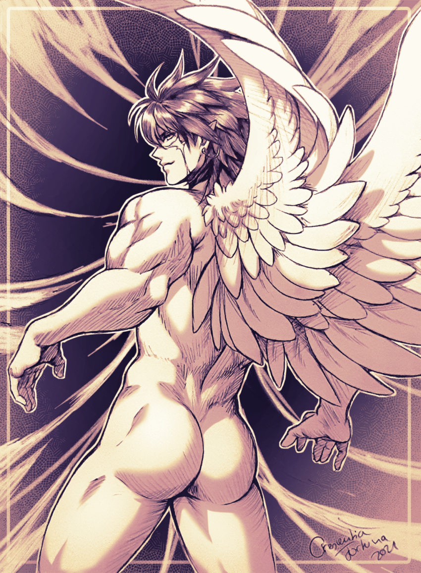 1boy ass big_ass bird_boy completely_nude crescentia fire_emblem fire_emblem:_radiant_dawn looking_at_viewer looking_back male male_only muscular muscular_male nintendo nude nude_male solo tibarn_(fire_emblem) wings