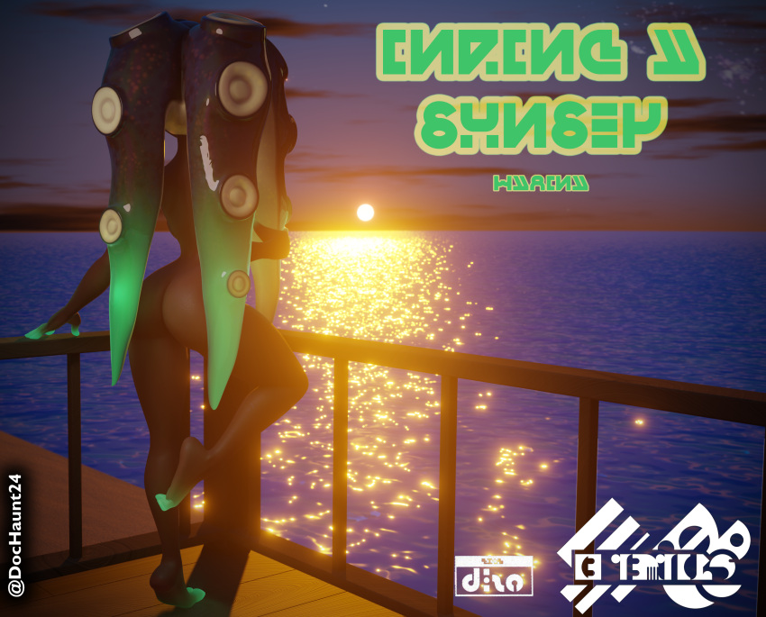 3d 3d_(artwork) ass balcony beach bottomless dark-skinned_female dark_skin dochaunt24 from_behind glowing glowing_feet hand_on_hair leg_up logo marina_(splatoon) marina_(wo262) nintendo nsfwo nsfwo262 nude octoling splatoon splatoon_2 standing_on_one_leg sunset tiptoes topless