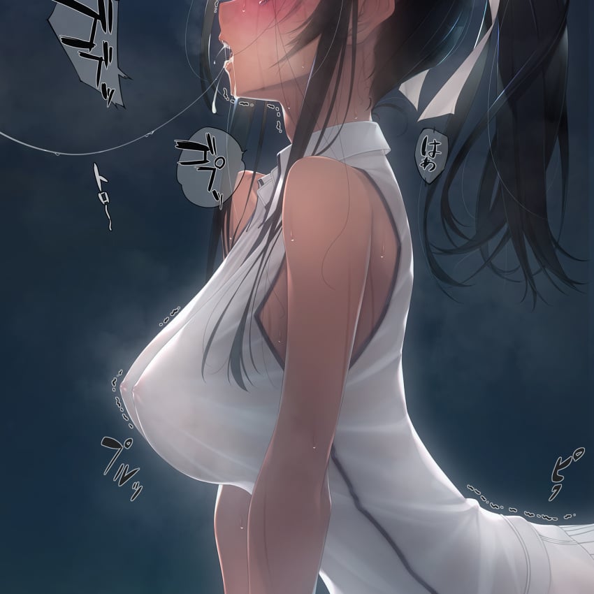 after_fellatio black_hair blush breasts breath collared_shirt commentary covered_nipples cum cum_in_mouth cum_string dark_background female from_side hair_ribbon head_out_of_frame heavy_breathing highres large_breasts long_hair murakami_suigun nipple_bulge nipples_visible_through_clothing no_bra open_mouth original ponytail ribbon shirt sidelocks simple_background sleeveless sleeveless_shirt solo sound_effects steaming_body sweat trembling upper_body wet wet_clothes wet_shirt white_ribbon white_shirt