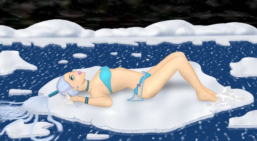 1girls bangs_pinned_back barefoot beads bikini bikini_bottom bikini_top blue_bikini blue_eyes blue_swimsuit choker cold cold_setting collar eyebrows eyeshadow female frost_resistant frostproof full_body girly ice ice_drift ice_floe ice_river icy_(winx_club) ink knees_up lying lying_on_back lying_on_ice lying_on_snow magican_girl mascara night north_pole northern_european northern_lights on_back outdoors parted_lips pink_lipstick river russia skinny skinny_girl small_breasts solo solo_female stars stationary_restraints strapless strapless_bikini strapless_clothing strapless_dress strapless_swimsuit swimsuit tail_hair topknot trix white_hair white_skin winter winx_club wristband