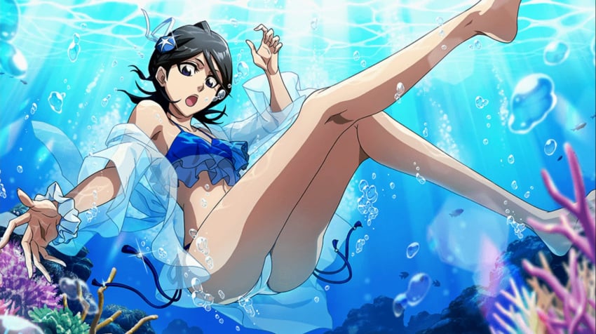 1girls beach bikini black_hair bleach bleach_brave_souls bubbles coral fish frilled_bikini hair_ornament kuchiki_rukia light-skinned_female looking_at_viewer open_mouth shinigami short_hair underwater wallpaper wide_hips