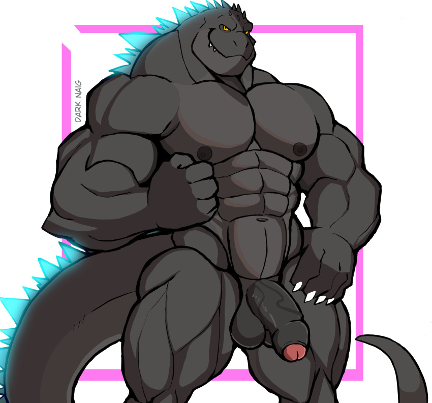 2022 abs absurd_res anthro balls black_body darknaigart digital_media_(artwork) foreskin genitals glowing glowing_spikes godzilla godzilla_(series) hi_res kaiju male male_only muscular muscular_anthro muscular_male nipples nude penis simple_background smile solo spikes spikes_(anatomy) toho