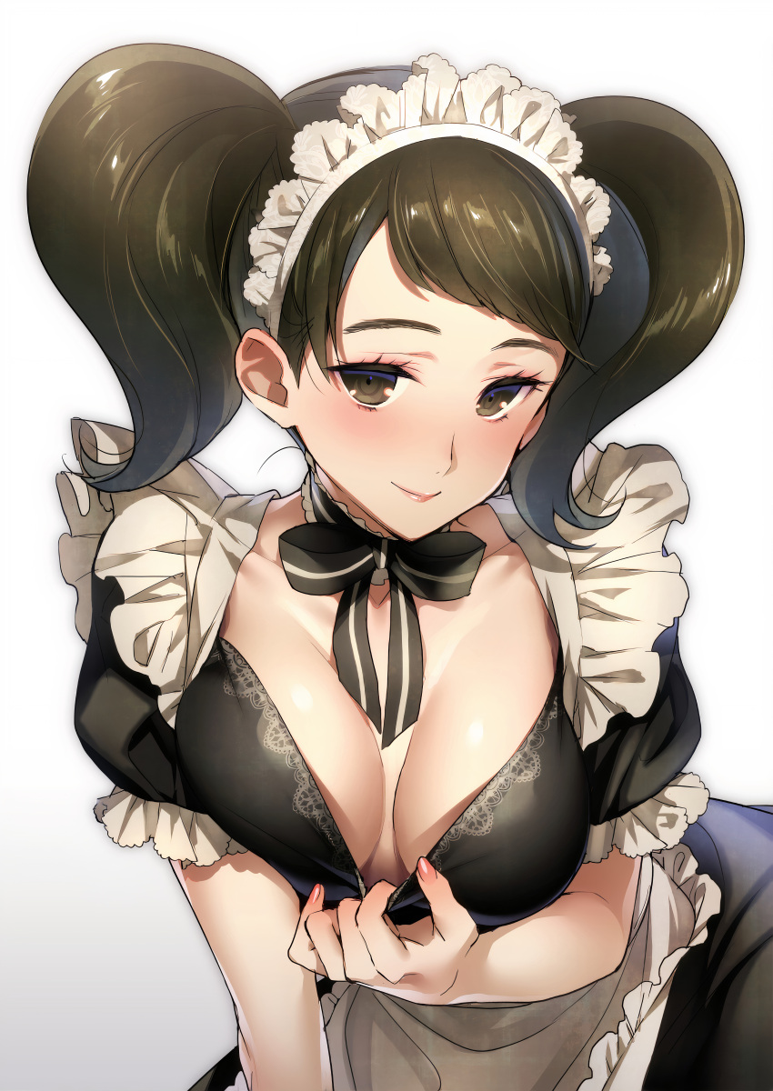 1girls apron becky_(persona) black_hair blush breasts brown_eyes choker cleavage cleavage_pull clothes_lift clothes_pull female frills gradient gradient_background happy high_resolution highres hizuki_akira long_hair looking_at_viewer maid maid_apron maid_headdress persona persona_5 sadayo_kawakami shirt_lift shirt_pull smile smiling smiling_at_viewer solo solo_female teasing twintails