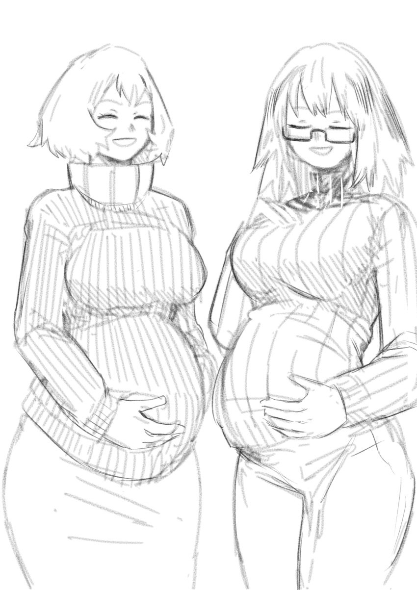 2girls amano44 black_and_white clothed female female_only fuyumi_todoroki happy mandalay multiple_pregnancies my_hero_academia pregnant pregnant_milf shino_sousaki tagme