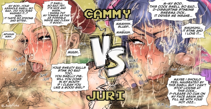 2girls analingus anus blonde_female blonde_hair cammy_white capcom cum cum_on_face dirty dirty_cock english_text eyepatch fellatio hairy hairy_male juri_han musk penis pubic_hair rimjob rimming rimming_male smegma smelly street_fighter street_fighter_v studiofuta text