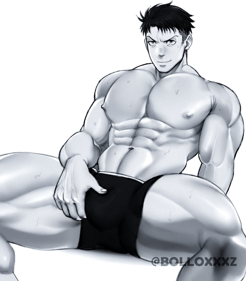 akitaru_oubi black_and_white bolloxxxz bulge crotch_grab enen_no_shouboutai fire_force male male_only muscles muscular muscular_male obi_akitaru spread_legs uncolored