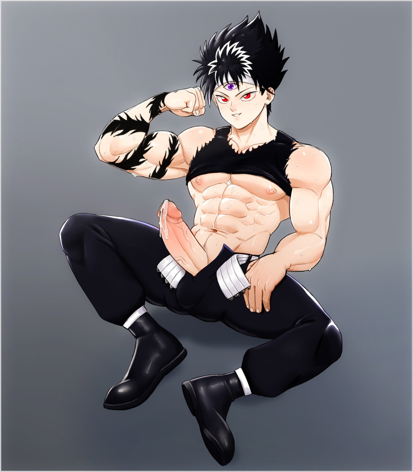 1boy 3_eyes bolloxxxz boner clothed clothing crop_top erect_penis erection flexing hard_on hiei male male_only muscles muscular muscular_male penis_out sitting solo uncensored unzipped_pants yaoi yu_yu_hakusho