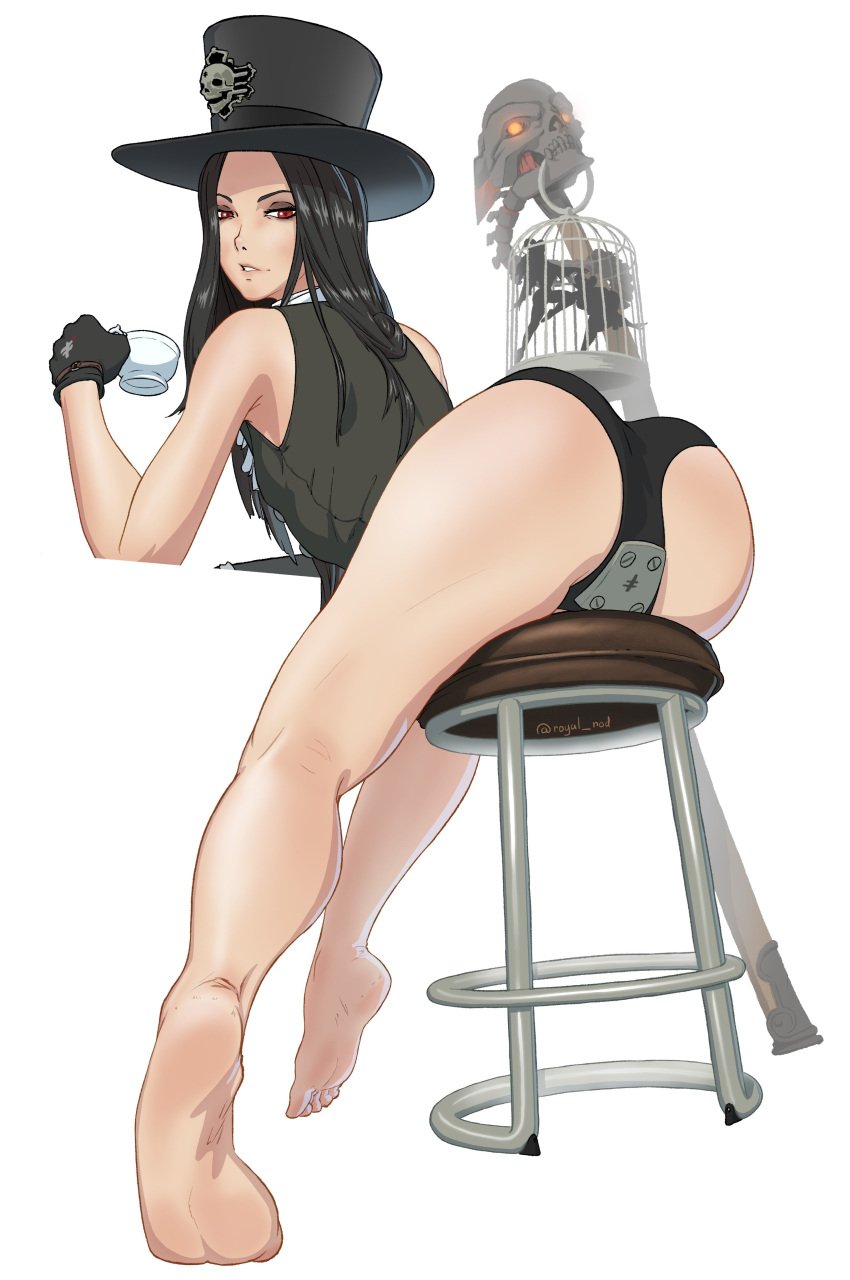 1boy ambiguous_gender androgynous ass bar_stool black_hair crossdressing feet from_behind guilty_gear hat long_hair panties royal_nod sitting sitting_on_chair solo teacup testament_(guilty_gear) top_hat upskirt white_background