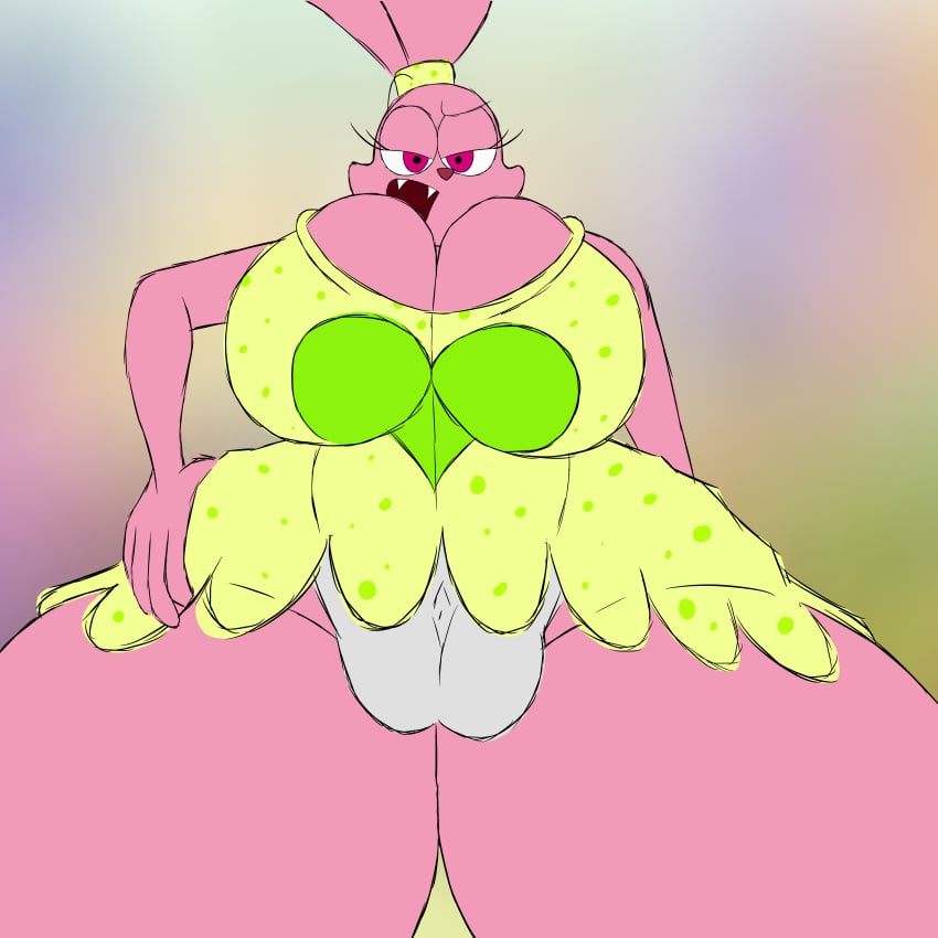 big_breasts big_pussy bottom_view breasts bunny_ears bunny_girl chowder cleavage dress eyebrows_raised fangs furry hand_on_hip hips_wider_than_shoulders large_breasts looking_at_viewer looking_down panini panini_(chowder) pink_body pink_eyes pink_fur pink_hair popstepx pussy rabbit rabbit_humanoid short_dress thick_hips thick_legs thick_thighs thighs tight_clothing tight_fit wide_hips wide_thighs