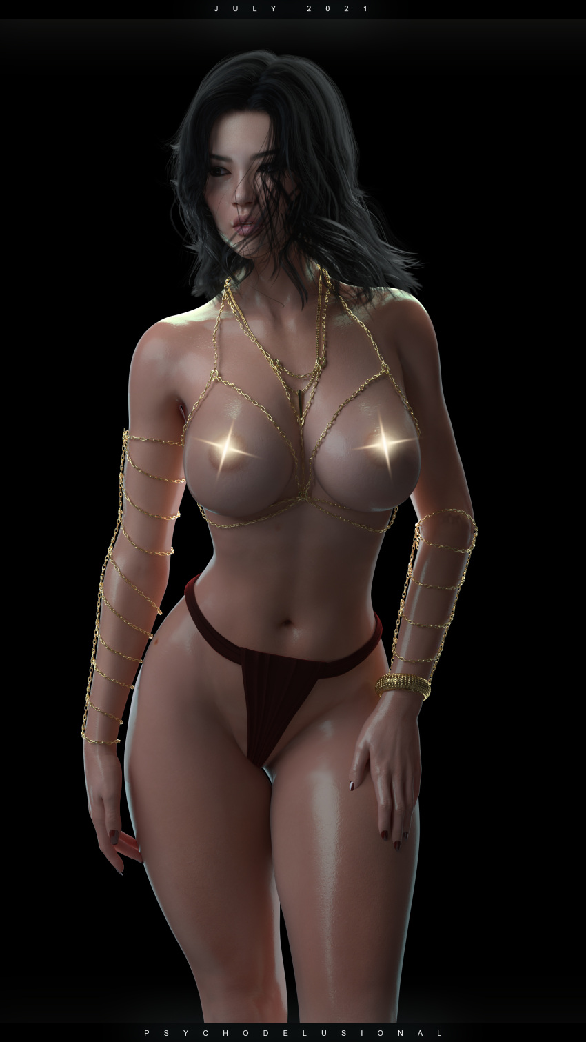 1girls 2021 3d artist_name asian asian_female black_background black_hair brown_eyes chain_lingerie female female_only front_view fundoshi large_breasts lens_flare naomi_(psychodelusional) naomi_okumura_(psychodelusional) original_character psychodelusional slushe_(website) solid_color_background solo solo_female standing topless