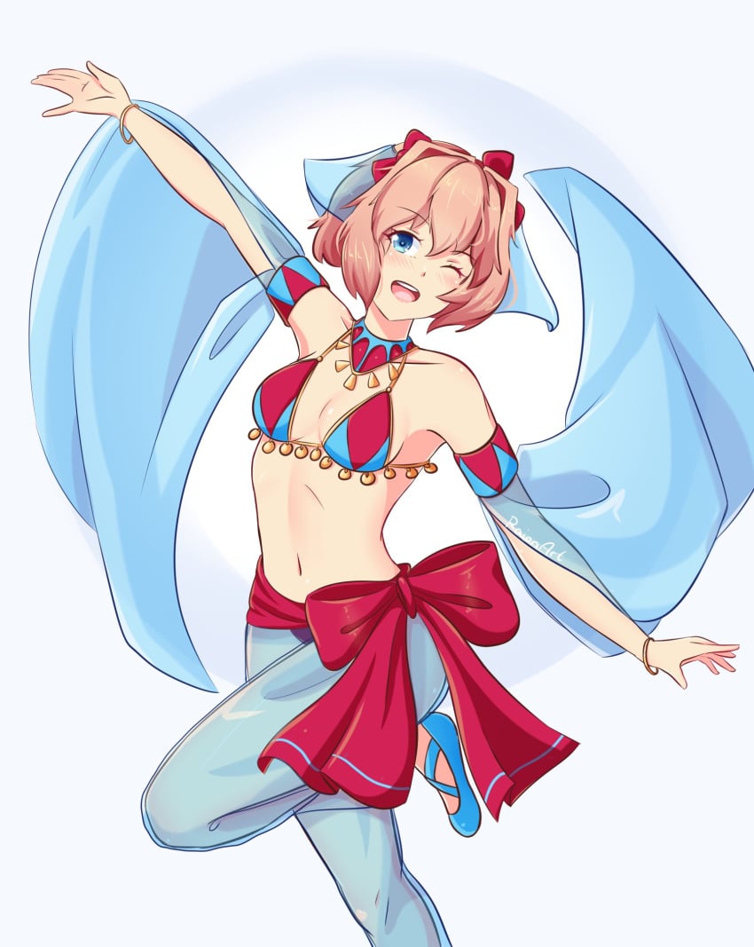 1girls ;d blue_eyes breasts dancer dancing doki_doki_literature_club female female_only higher_resolution_available just_sayori one_eye_closed open_mouth raionart revealing_clothes sayori_(doki_doki_literature_club) see-through short_hair small_breasts smile solo underboob wink