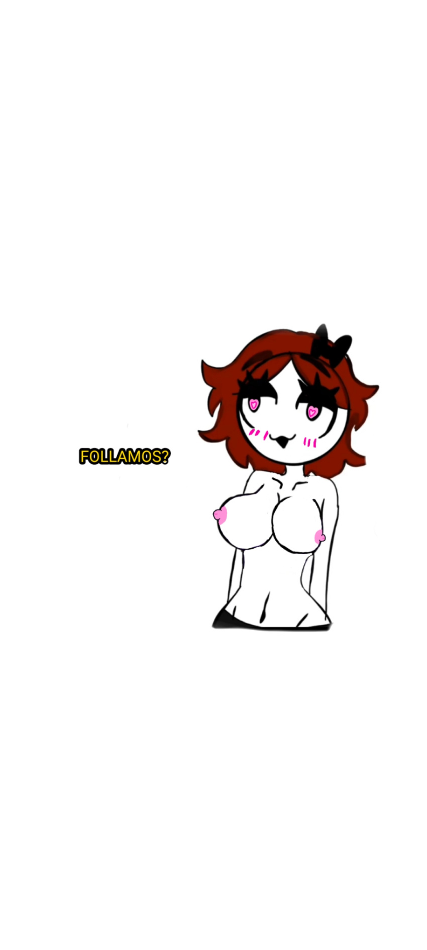 1girls blush brown_hair derpette derpina hair_bow heart-shaped_pupils navel rage_comics red_d3rp1n4 short_hair simple_background solo spanish_text tagme topless translated